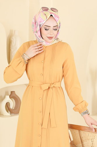 moda selvim Nervür Desenli Kemerli Elbise 2870SLK540 Hardal - Thumbnail