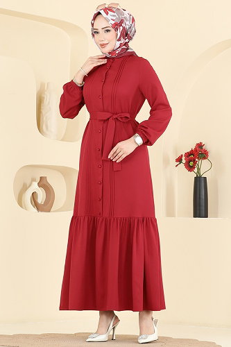 moda selvim Nervür Desenli Kemerli Elbise 2870SLK540 Kırmızı - Thumbnail