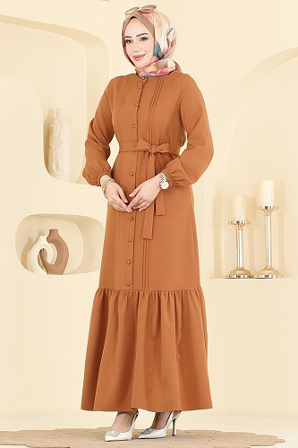 moda selvim Nervür Desenli Kemerli Elbise 2870SLK540 Latte - Thumbnail