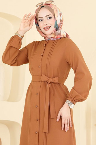 moda selvim Nervür Desenli Kemerli Elbise 2870SLK540 Latte - Thumbnail