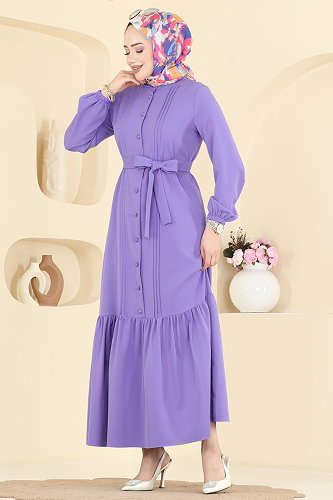 moda selvim Nervür Desenli Kemerli Elbise 2870SLK540 Lila - Thumbnail