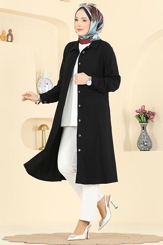 moda selvim Nervür Desenli Şık Tunik 2011BG354 Siyah - Thumbnail