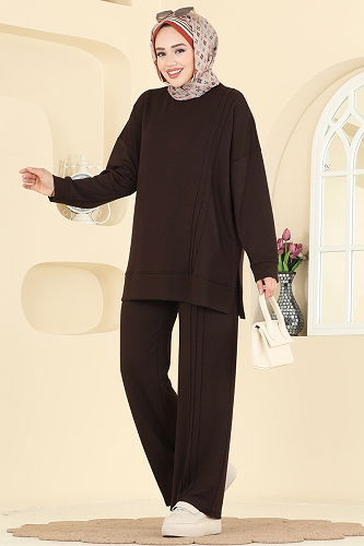 moda selvim Nervür Detay Modal Takım 2607MSZ1172 Acı Kahve - Thumbnail