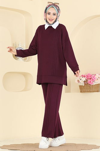 moda selvim Nervür Detay Modal Takım 2607MSZ1172 Bordo - Thumbnail