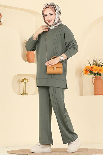 moda selvim Nervür Detay Modal Takım 2607MSZ1172 Haki - Thumbnail