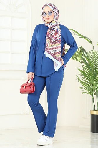 moda selvim Nervür Detay Modal Takım 5689ZNK1009 İndigo - Thumbnail