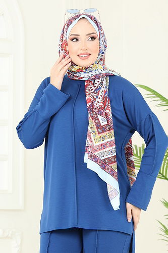 moda selvim Nervür Detay Modal Takım 5689ZNK1009 İndigo - Thumbnail