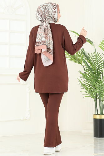 moda selvim Nervür Detay Modal Takım 5689ZNK1009 Kahve - Thumbnail