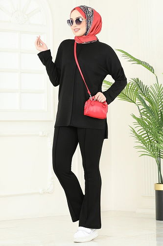 moda selvim Nervür Detay Modal Takım 5689ZNK1009 Siyah - Thumbnail