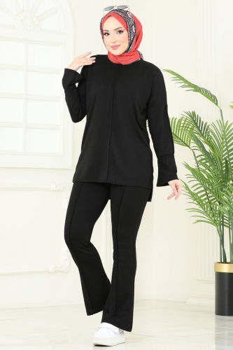 moda selvim Nervür Detay Modal Takım 5689ZNK1009 Siyah - Thumbnail