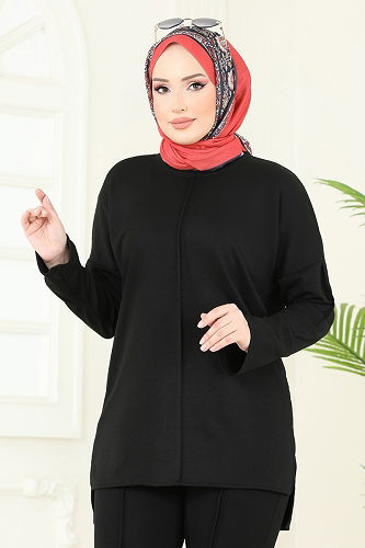 moda selvim Nervür Detay Modal Takım 5689ZNK1009 Siyah - Thumbnail