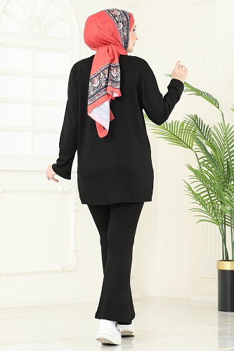 moda selvim Nervür Detay Modal Takım 5689ZNK1009 Siyah - Thumbnail