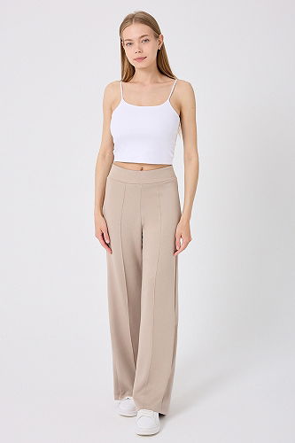 moda selvim Nervür Detay Palazzo Eşofman 212DRN1147 Taş - Thumbnail