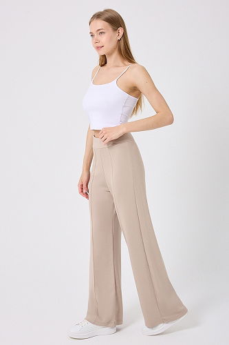 moda selvim Nervür Detay Palazzo Eşofman 212DRN1147 Taş - Thumbnail