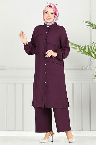 moda selvim Nervür Detay Sofia Takım 3114HBS856 Mürdüm - Thumbnail