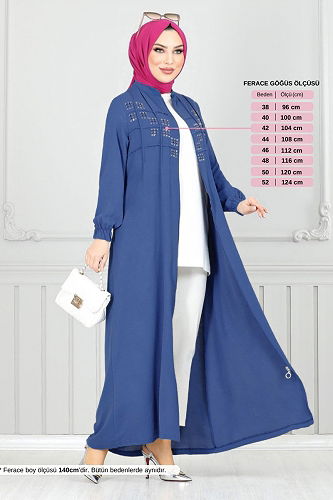 moda selvim Nervür Detay Taşlı Ferace 355DVL897-M İndigo - Thumbnail