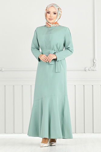 moda selvim Nervür Detay Tesettür Elbise 4096PM1063-M Açık Mint - Thumbnail