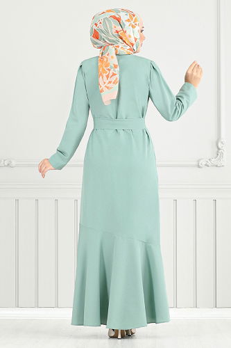 moda selvim Nervür Detay Tesettür Elbise 4096PM1063-M Açık Mint - Thumbnail