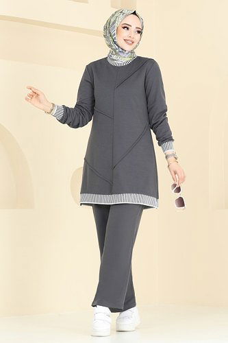 moda selvim Nervür Detay Tesettür Takım 2595SL432 Antrasit - Thumbnail