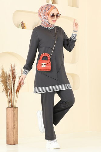 moda selvim Nervür Detay Tesettür Takım 2595SL432 Füme - Thumbnail