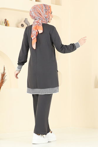 moda selvim Nervür Detay Tesettür Takım 2595SL432 Füme - Thumbnail