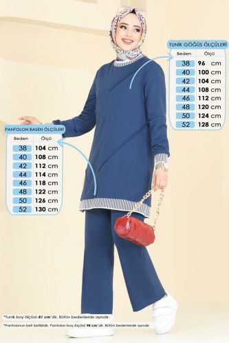 moda selvim Nervür Detay Tesettür Takım 2595SL432 İndigo - Thumbnail