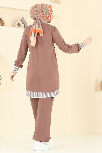 moda selvim Nervür Detay Tesettür Takım 2595SL432 Kahve - Thumbnail