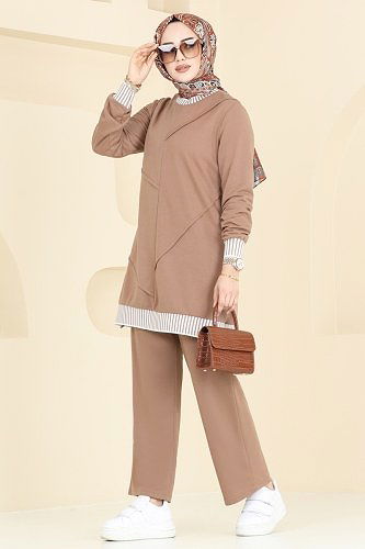 moda selvim Nervür Detay Tesettür Takım 2595SL432 Latte - Thumbnail