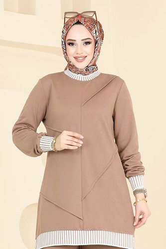 moda selvim Nervür Detay Tesettür Takım 2595SL432 Latte - Thumbnail