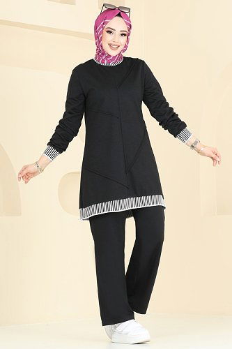 moda selvim Nervür Detay Tesettür Takım 2595SL432 Siyah - Thumbnail