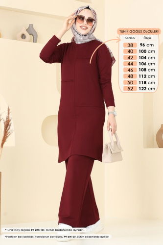 moda selvim Nervür Detay Tesettür Takım 2705AYD574 Bordo - Thumbnail