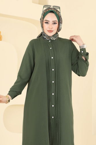 moda selvim Nervür Detay Tesettür Takım 3104HBS856 Haki - Thumbnail