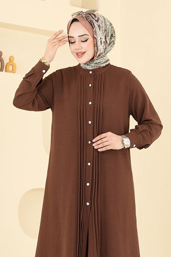 moda selvim Nervür Detay Tesettür Takım 3104HBS856 Kahve - Thumbnail