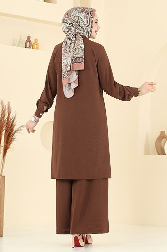moda selvim Nervür Detay Tesettür Takım 3104HBS856 Kahve - Thumbnail