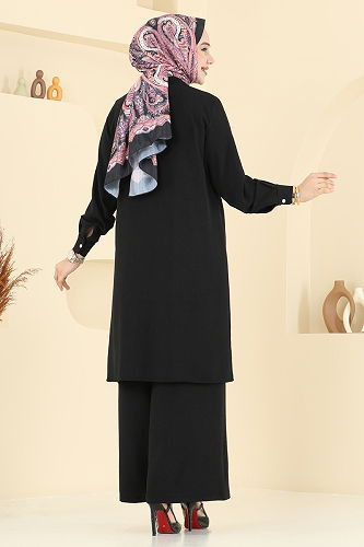 moda selvim Nervür Detay Tesettür Takım 3104HBS856 Siyah - Thumbnail