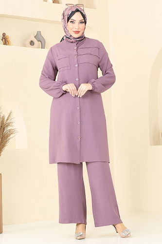 moda selvim Nervür Detay Tesettür Takım 372DVL817 Gül Kurusu - Thumbnail