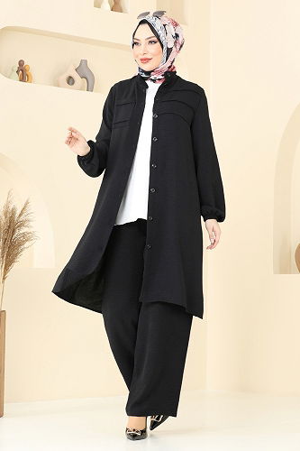 moda selvim Nervür Detay Tesettür Takım 372DVL817 Siyah - Thumbnail