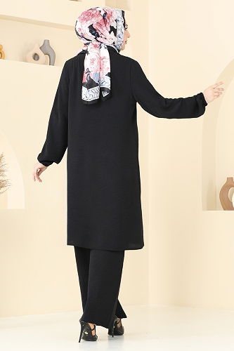 moda selvim Nervür Detay Tesettür Takım 372DVL817 Siyah - Thumbnail