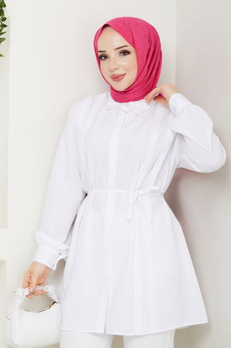 moda selvim Nervür Detay Tesettür Tunik 273ASN888 Ekru - Thumbnail