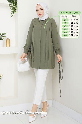 moda selvim Nervür Detay Tesettür Tunik 273ASN888 Haki - Thumbnail