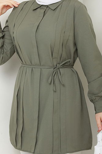 moda selvim Nervür Detay Tesettür Tunik 273ASN888 Haki - Thumbnail