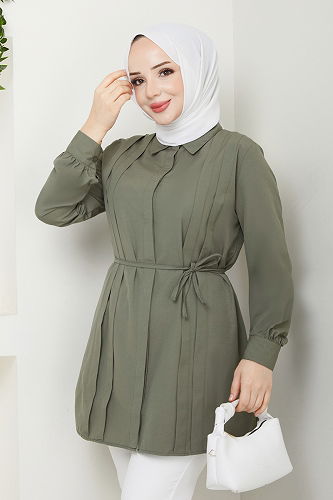 moda selvim Nervür Detay Tesettür Tunik 273ASN888 Haki - Thumbnail