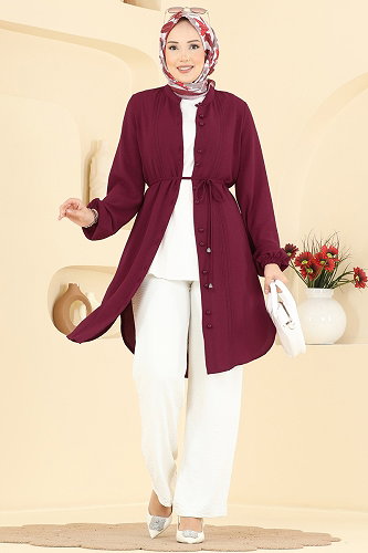 moda selvim Nervür Detaylı 2 li Takım 2908SLK540 Bordo&Ekru - Thumbnail
