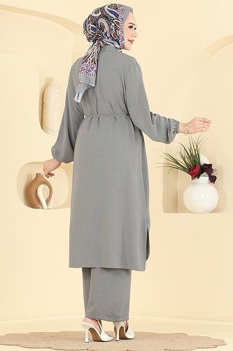 moda selvim Nervür Detaylı 2 li Takım 3458TRT545 Açık Gri - Thumbnail