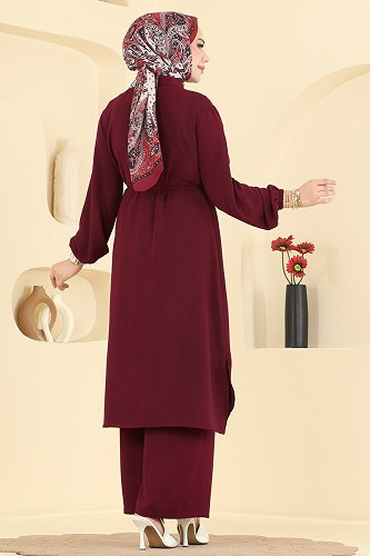moda selvim Nervür Detaylı 2 li Takım 3458TRT545 Bordo - Thumbnail