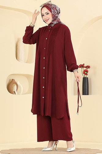 moda selvim Nervür Detaylı 2 li Takım 3458TRT545 Bordo - Thumbnail