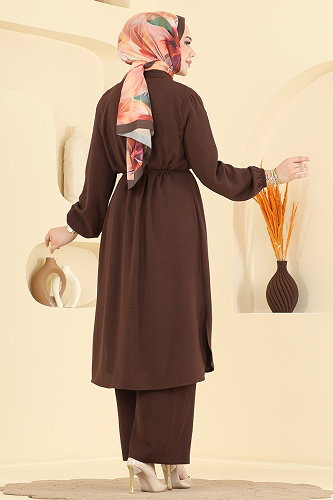 moda selvim Nervür Detaylı 2 li Takım 3458TRT545 Kahve - Thumbnail