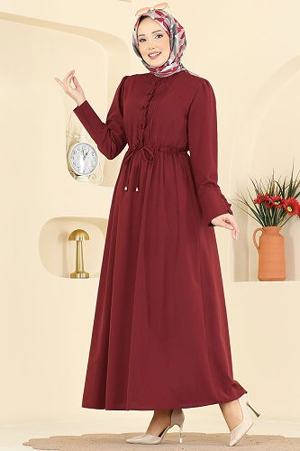 moda selvim Nervür Detaylı Bağcıklı Elbise 3079KTR750 Bordo - Thumbnail