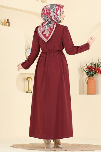 moda selvim Nervür Detaylı Bağcıklı Elbise 3079KTR750 Bordo - Thumbnail