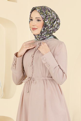 moda selvim Nervür Detaylı Bağcıklı Elbise 3079KTR750 Taş - Thumbnail